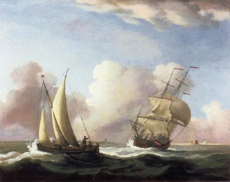 Monamy, Peter A Small Sailing boat and a merchantman at sea in a rising Wind Sweden oil painting art